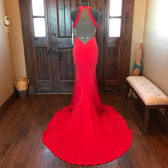 JVN Jovani RED ORANGE Illusion Mermaid Gown #25092 - Picture 4 of 6